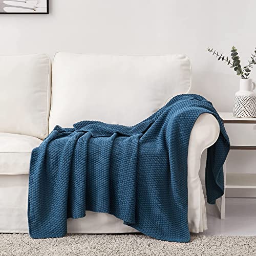 Longhui bedding 100% 면 니트 담요 - 블루, 부드럽고 아늑함, 세탁기 사용 가능, 129.5cm x 160cm(51 x 63인치) - 거실, 소파, 침대 또는 여행에 적합 - color: 블루., size: 51" x 63", Standard