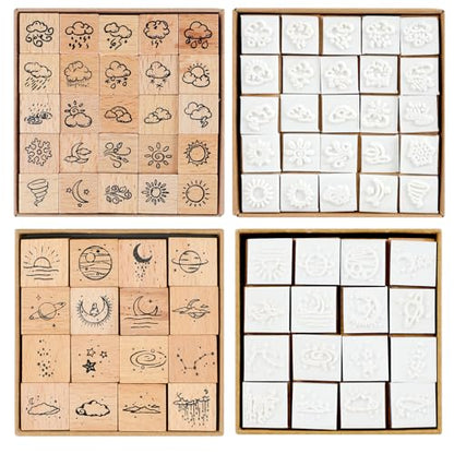 41 Pieces Wooden Rubber Stamp Set, Moon Star Various Weather Patterns Wood Stamps for Journal, Diary, Scrapbook, Planner, Letter, DIY Craft, Card Making(2pcs Weather and Galaxies) - color: 2pcs Weather and Galaxies