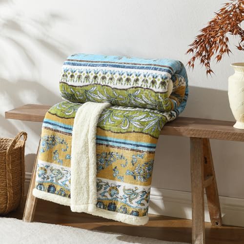 Boho Chic Sherpa Throw Blanket - Vibrant Bohemian Print & Ultra-Soft Cozy Lining, Stylish & Warm Winter Throw for Couch, Bed, or Décor - color: Boho-olive Green, size: 50" x 60"