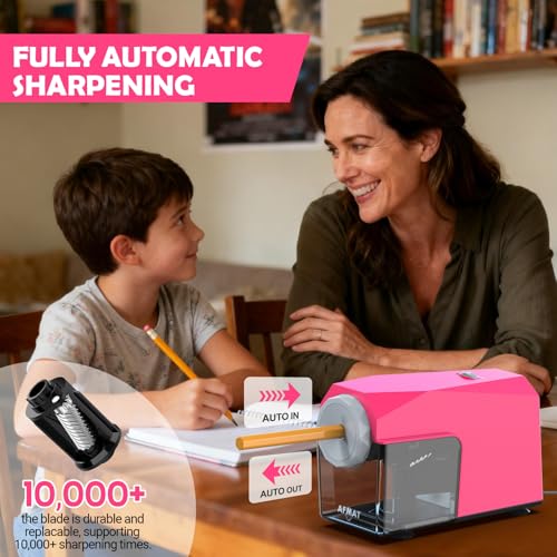 AFMAT Electric Pencil Sharpener, Fast & Hands-Free, 10K+ Uses, 5 Nibs, Fully Automatic Pencil Sharpener for Classroom, Heavy Duty Sharpeners for No.2/Jumbo/Colored Pencils (6.5-10.5mm) US Plug(120V) - color: Rose Red