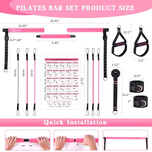 Bbtops Pilates Bar Kit with Resistance Bands,Pilates Bar with Stackable Bands Workout Equipment for Legs,Hip,Waist and Arm,Exercise Fitness Equipment for Women & Men Home Gym Yoga Pilates - color: Rose