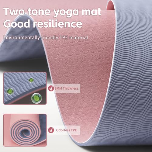 PAIDU Yoga Mat 8mm TPE Non‑Slip Fitness Mat with Strap for Home Workouts - color: 딥 핑크 & 그레이
