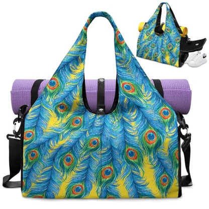 Yoga Gym Bag with Removable Adjustable Shoulder Strap, Shoe Compartment & Top Yoga Mat Holder 17.72x8.66x9.84in - color: Blue Peacock Feather Print