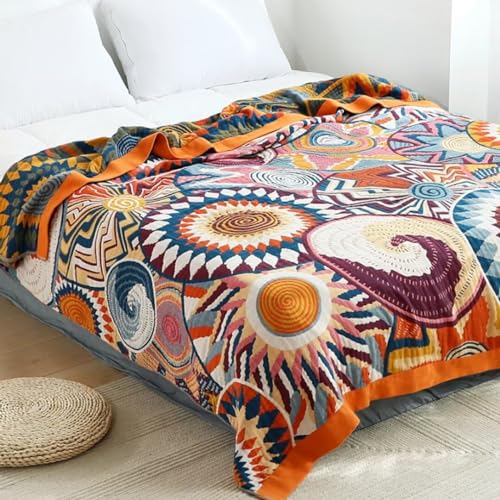 Boho Throw Blanket for Bed 100% Cotton Bohemian Blankets Ultra Soft Woven Muslin Decorative Blankets All Seasons Vintage Quilt Knitted Blanket for Sofa Chair (Colorful, 80"x90") - color: K-colorful World, size: 80"x90"