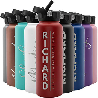 Amazing Items Personalized Water Bottle w/Straw & Lid, 40 oz - Fire Red | Custom Large Stainless Steel Sports Water Bottle w/Name and Text - Double-Wall, Vacuum Insulated - Rotating Handle - color: Fire Red, size: 40 Ounces