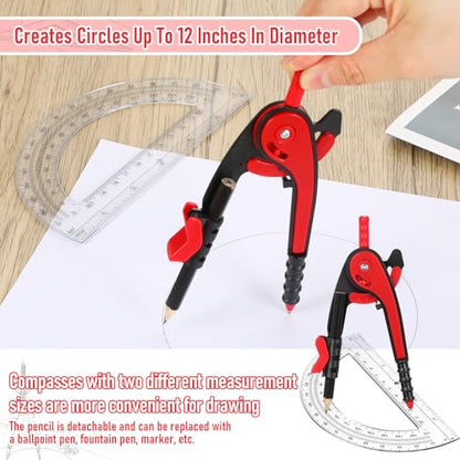 EBOOT Student Geometry Math Set, Drawing Compass and 6 Inch Clear Swing Arm Protractors 180 Degree Math Protractor(Red) - color: Red