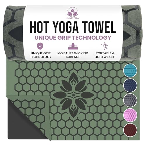 Clever Yoga Hot Yoga Mat Towel – Non-Slip Grip for Hot Yoga, Sweat Absorbent, Honeycomb Silicone Grip, Stays Flat – Ideal for Pilates, Travel, Washable & Lightweight - Olive - color: Olive