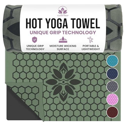 Clever Yoga Hot Yoga Mat Towel – Non-Slip Grip for Hot Yoga, Sweat Absorbent, Honeycomb Silicone Grip, Stays Flat – Ideal for Pilates, Travel, Washable & Lightweight - Olive - color: Olive