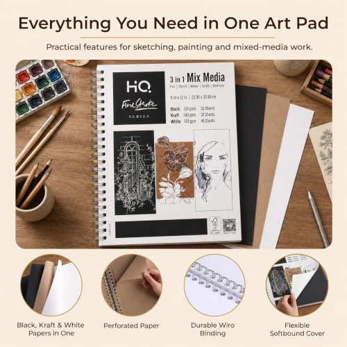 HQ Finestroke 3 in 1 Mix Media Sketchbook, 9 x 12 Inches Art Pad, Mixed Paper for Sketching, Drawing and Painting, Top Wiro Binding, 30 Sheet