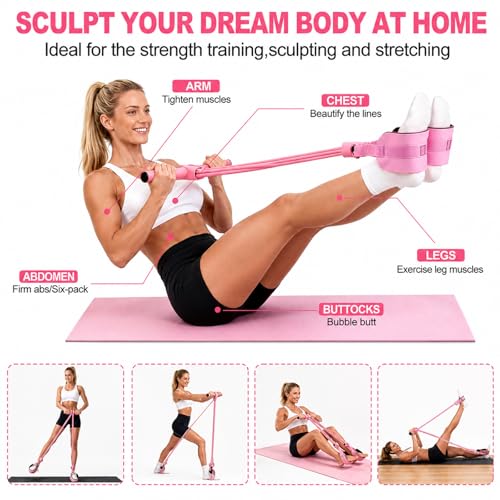 Pedal Resistance Bands with Handles, Separated 8-Tube Multifunction Exercise Bands, Yoga Tension Rope, Natural Rubber Elastic Equipment for Abdomen, Waist, Arm, Leg Stretching - color: Pink