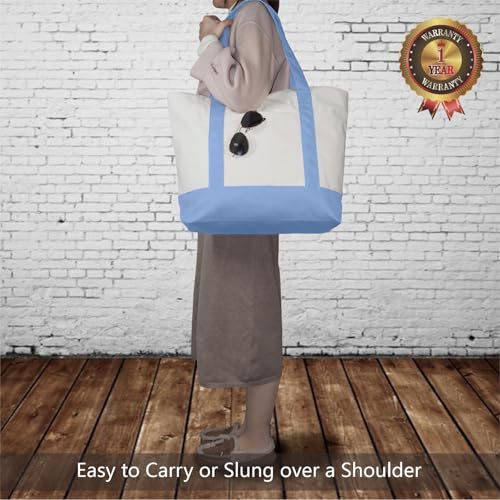 TOPDesign 1-Pack Canvas Tote Bag with an External Pocket, Reusable Grocery Shopping Bag, Top Zipper Closure, Daily Essentials (Light Blue/Natural) - color: Light Blue/Natural