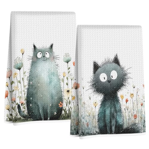 2 Pcs Funny Floral Cat Kitchen Towels, Cute Cats Gifts Reusable Hand Towels | Cat Dish Cloths for Drying Dishes, Cats Waffle Dish Towels for Kitchen Bathroom Decor, Floral Cat Lover Gifts for Women Mom - color: Multi 1636