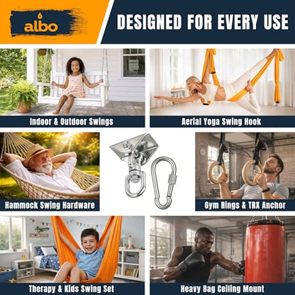 Albo Heavy Duty Ceiling Swing Mount Bracket with 360° Swivel & Locking Carabiner, 2650 LBS, Hammock Chair, Porch Swing, Yoga Swing, Punching Bag Ceiling Hanger, Wood Beam & Concrete Hardware Kit - color: Silver, size: 1 Piece