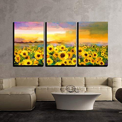 wall26 - 3 Piece Canvas Wall Art - Oil Painting Yellow- Golden Sunflower, Daisy Flowers in Fields. Sunset Meadow Landscape - Modern Home Art Stretched and Framed Ready to Hang - 16"x24"x3 Panels - color: Artwork - 11, size: 24" x 16" x 3 Panels