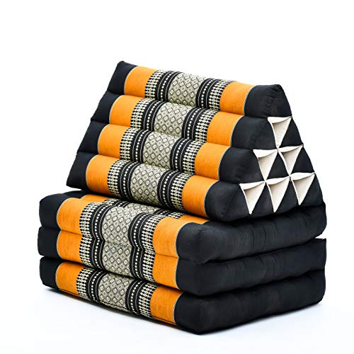 Leewadee 3-Fold Mat with Triangle Cushion – Comfortable TV Pillow, Foldable Mattress with Cushion Made of Eco-Friendly Kapok, 67 x 21 inches, Black Orange | Floor & lounge cushion for relaxing, reading & TV - for meditation & yoga, firm & stable - color: