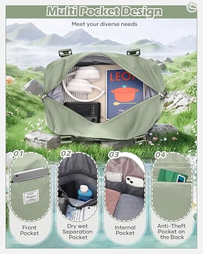 Travel Duffel Bags for Women Mens Waterproof Weekender Carry on Bag Sports Gym Bag Travel Tote Bags with Wet Pocket Overnight Bag Workout Duffel Bags with Trolley Sleeve Grey Green - color: F7-Grey Green