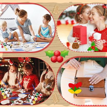 Saypacck 24 Pcs Christmas Party Favors Wooden Paint Craft Kits | DIY Painting Crafts with Brush Organza Bags, Christmas Stocking Stuffer Gifts, Festive Ornament Shapes - style: Christmas