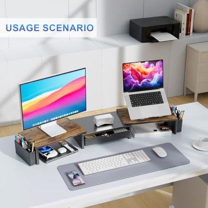 gianotter Dual Monitor Stand Riser With Drawer and 2 Pen Holders - color: Wood
