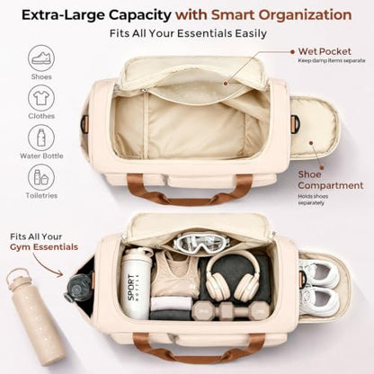 FIORETTO Women's Gym Duffle Bag with Shoes Compartment, 30L Capacity, Ideal for Travel, Gym, Sports, Duffel, Weekender - color: Beige& Brown, style: Gym Bag