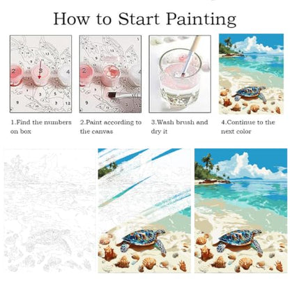 ZRIZQ Beach Paint by Numbers Kit for Adults Beginner,Turtle,16x20 | Full set with rich paints,wooden brushes,rolled canvas.Calming activity.Beginner friendly.Just open and paint. - color: 16"X20"Rolled Canvas-Beach Turtle