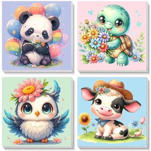 4 Pack Animal Paint by Number for Kids with Wooden Frame - Wooden Easel | Paint by Numbers for Kids Ages 4-8-12, Easy Panda Sea Turtle Owl Cow DIY Oil Painting Kits for Home Wall Decor (8X8 inch) - color: BKH953+BKH954+BKH955+BKH956