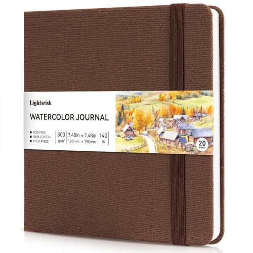 Watercolor Journal - 100% Cotton Cold Press Paper | 20 Sheets 40 Pages | 300GSM (140lb) | Linen Cotton Cover Watercolor Sketch Books for Artists Painting,Mixed Media 7.48 x 7.48 in - color: Brown, size: 7.5 x 7.5 in
