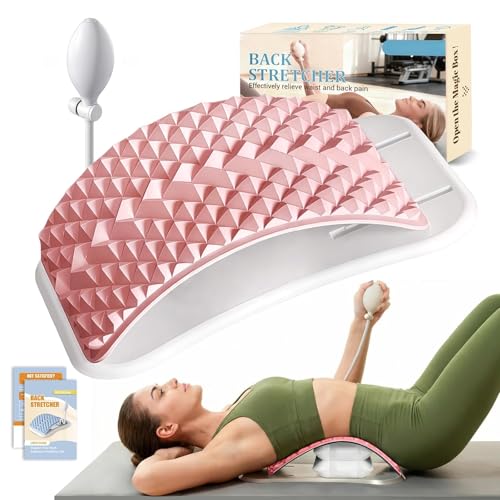 Back Stretcher for Back Pain, Adjustable Height & Soft Sponge Material | Lumbar Back Stretcher With Acupressure Points, Air Pump Adjustable Height, Spine Stretching Support, Scoliosis, Manual Includ - color: Pink