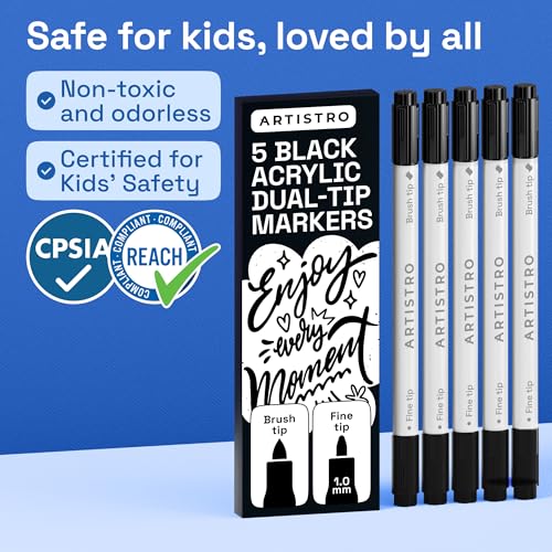 ARTISTRO 5 Black Dual-Tip Acrylic Paint Marker Pens for Drawing | For Fabric, Rock, Glass, Wood, & Molds, Arts & Crafts Gift for Adults, Teens, & Kids, Classroom Must Haves & School Supplies