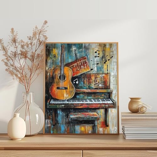 Piano Guitar Pattern Paint by Numbers Vintage Oil Painting Decor DIY Painting by Number on Canvas Music Note Painting with Brushes Acrylic Paints for Home Wall Decor 16x20 Inch（with Frame） - color: Artwork 07, size: 16''x20''(DIY frame)