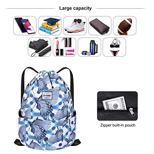 XEYOU Drawstring Backpack Bag Sport Gym Sackpack Beach Cinch Bag | Lightweight Swimming Bag, Water-Resistant Fabric, Travel Daypack for Women and Men - color: Blue Butterfly