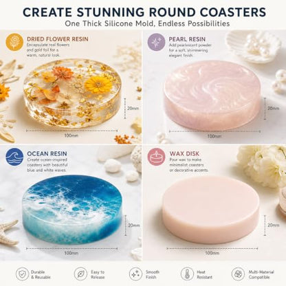 Extra Deep Coaster Resin Molds for 6 Cavity Round Thick Epoxy DIY Art Craft | 4 Inches Extra Thick Round Coaster Silicone Mold for Resin Epoxy, Flower Preservation, Easy Release, Beginner Friendly