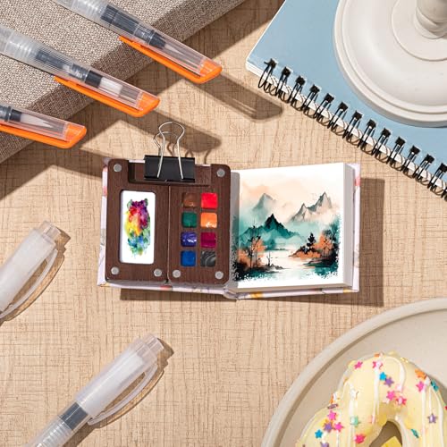 Qilery Mini Portable Watercolor Palette Set Wooden Grid Paint Box Watercolor Paper Sketch Book Brush Pens with Binder Clip for Painters Artist Not Include Paint(Rabbit) - style: Rabbit