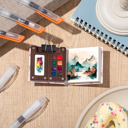 Qilery Mini Portable Watercolor Palette Set Wooden Grid Paint Box Watercolor Paper Sketch Book Brush Pens with Binder Clip for Painters Artist Not Include Paint(Rabbit) - style: Rabbit
