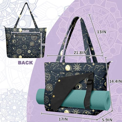 Yoga Bag for Women, Large Canvas Yoga Mat Tote Bag with Yoga Mat Carrier - color: Sun Moon