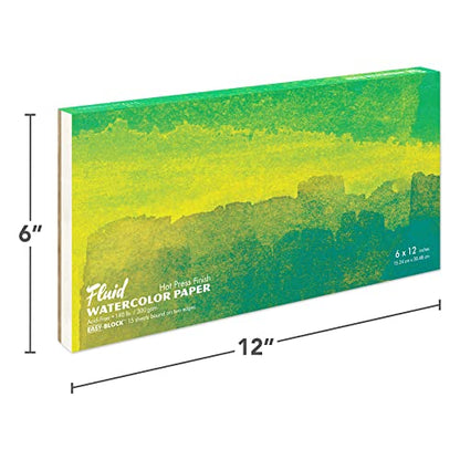 Fluid Watercolor Paper Block, 6 x 12 Inches, 15 Sheets, 140 lb (300 GSM) Hot Press Pad for Artist Painting and Wet Media - size: 6 x 12