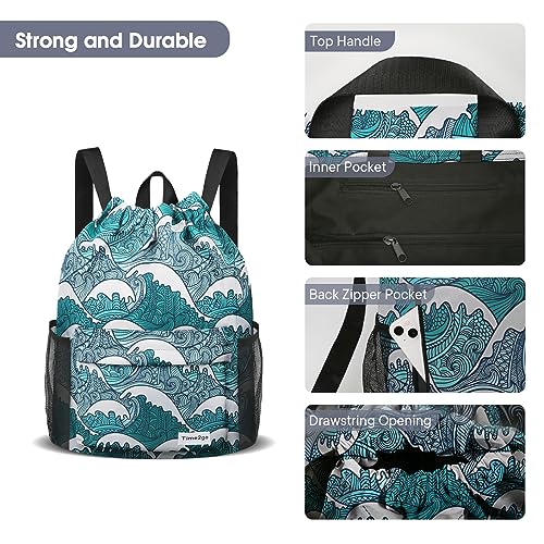 Waterproof Drawstring Backpack Sports Gym Sackpack with Mesh Pockets Water-Resistant String Cinch Beach Bag for Men Women - color: Print - Blue Waves