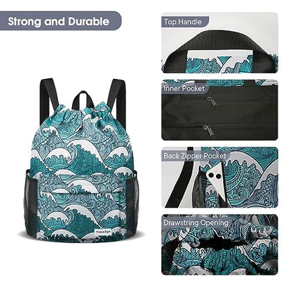 Waterproof Drawstring Backpack Sports Gym Sackpack with Mesh Pockets Water-Resistant String Cinch Beach Bag for Men Women - color: Print - Blue Waves