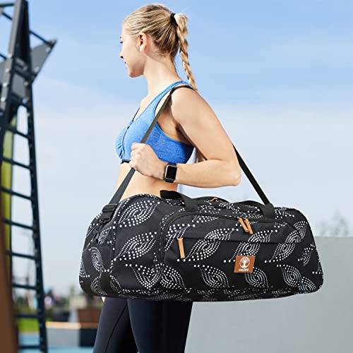 Yoga Mat Bag Carrier with 8-Pocket & Wet Pocket, Air Vent | Large Yoga Mat Holder Fits Thick Mats & Blocks | Gym Duffle Bag for Women & Men - color: White Leave on Black
