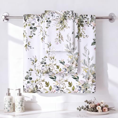 Preboun 3 Pack Sage Green Eucalyptus Bathroom Towels Set Spring Leaves Hand Towels Spring Floral Bath Decor Green Plant Dish Absorbent Fingertip Wash Cloth for Kitchen Bathroom Gym Spa Home - color: Green, style: Eucalyptus