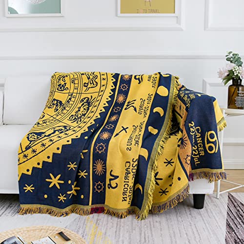 Boho Throw Blankets Woven Reversible Cotton Bohemian Tapestry Hippie Room Decor Witchy Astrology Zodiac Celestial Constellation Carpet Bed Recliner Chair Couch Sofa Cover Double Sided 50"x70" - color: Yellow Constellation, size: 50x70 inch