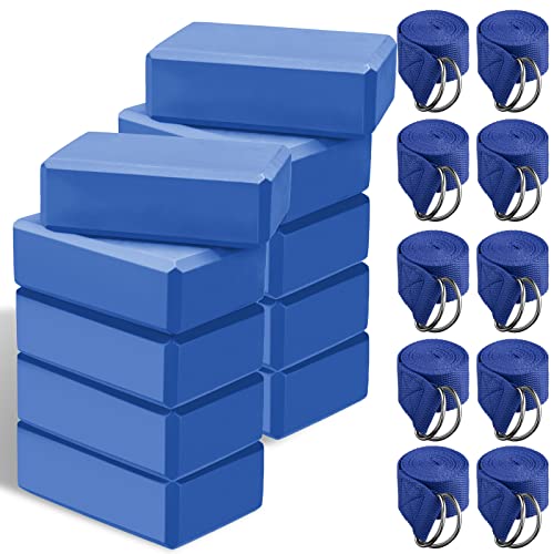 Outus 10 Sets Yoga Blocks and Straps Non-Slip EVA Foam Blocks with Metal D Ring Straps for Gym Exercise and Workout