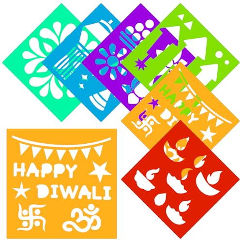 Watersay 6 Set Diwali Large Rangoli Stencil 11" x 11" Reusable Plastic Mandala Painting Stencil Indian Traditional Festival Painting on Wood Floor Wall Tile Fabric Furniture DIY Craft (Novel Style) - style: Novel Style