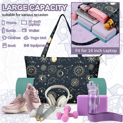 Yoga Bag for Women, Large Canvas Yoga Mat Tote Bag with Yoga Mat Carrier - color: Sun Moon