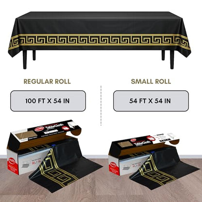 Neatiffy Disposable Plastic Table Cloth Roll with Slide Cutter | Waterproof Cover for Rectangle, Square, Oval Tables | Picnic, Party, Banquet, Weddings - Black with Gold Design - color: Black Golden Design, size: 54 inches X 100 feet