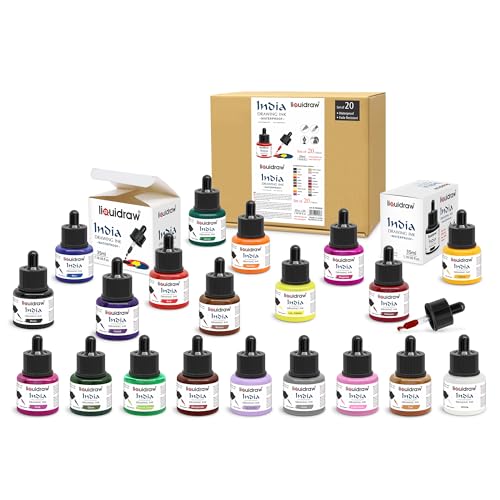 Liquidraw Waterproof Colored Drawing Ink with Dropper | 20 x 1.18 fl oz (35 ml) Bottles | Set of Assorted Colors | India Ink for Calligraphy, Pens & Dip Pens | Ideal for Drawing, Writing & Art Project - style: Set of 20 (Assorted Colours)