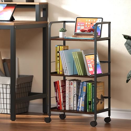 Feyejade Rolling Book Cart with Removable Dividers, 3-Tier File Cart with Wheels, Utility Storage Rack for Office, Home, Classroom, Art Supply Organizer, Binder and Laptop Shelf Rack