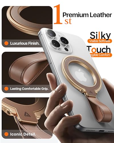 andobil 2026 Premium Leather Magnetic Phone Grip Holder for MagSafe, Stable | [Longest Durable] Adjustable Magnetic Phone Ring Kickstand w/Leather Loop MagSafe Accessories for iPhone 12-17 Series, Brown - color: brown