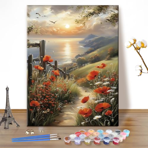 EOBROMD Paint by Numbers Kits for Adults Landscape Seaside, DIY Painting Kits for Adults Beginner, Acrylic Paint Oil by Numbers for Home Decor Gift 16x20inch(Without Frame) - color: 04-Seaside