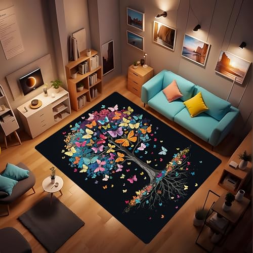 Living Room Rugs Butterfly Tree Carpet, Low Pile mat, Rubber Backing, Washable Non-Slip Large Rug for Dining Room Bedroom, Black 2'x3' - color: Butterfly 4, size: 2'x3'