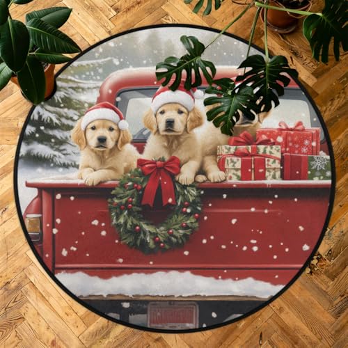 Christmas Red Truck Dog Round Area Rug 3Ft Circle Rugs Carpet Floor Mat - color: Dog, size: 3 ft